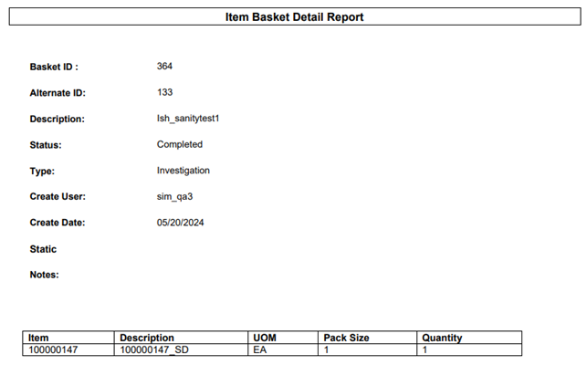 Item Basket Detail Report Item Basket Detail Report