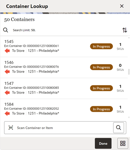 This image shows the Container Lookup screen with a list of containers. This image shows the Container Lookup screen with a list of containers.