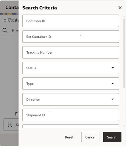 This image shows the Container Lookup Search Criteria screen. This image shows the Container Lookup Search Criteria screen.