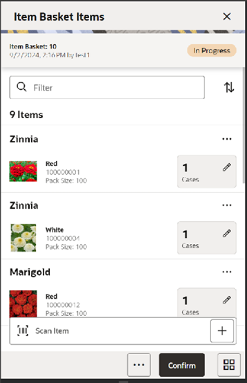 This image shows the Item Basket Items screen. This image shows the Item Basket Items screen.