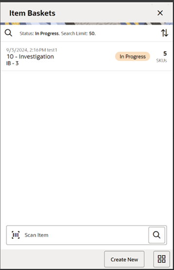 This image shows the Item Baskets screen. This image shows the Item Baskets screen.