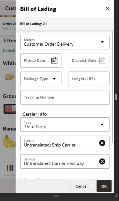 Bill of Lading Screen Bill of Lading Screen