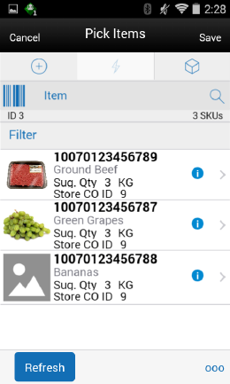 Pick Items Screen Pick Items Screen