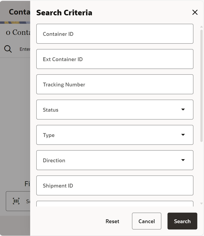 Container Search Criteria Screen