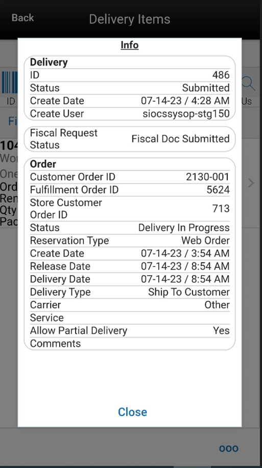 Info (Customer Order Deliveries) Popup Info (Customer Order Deliveries) Popup