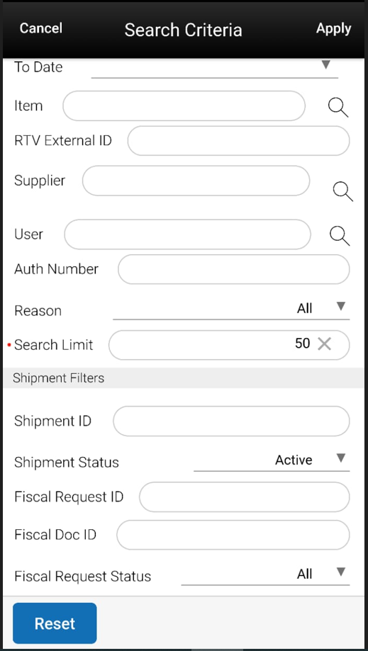 RTV Search Criteria Screen RTV Search Criteria Screen