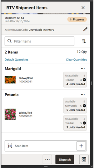 RTV Shipment Items Screen RTV Shipment Items Screen