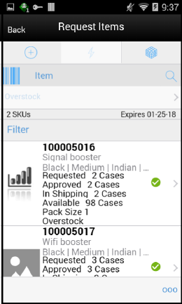 RTV Request Items Screen RTV Request Items Screen