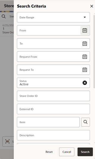 Search Criteria Screen (Store Orders)
