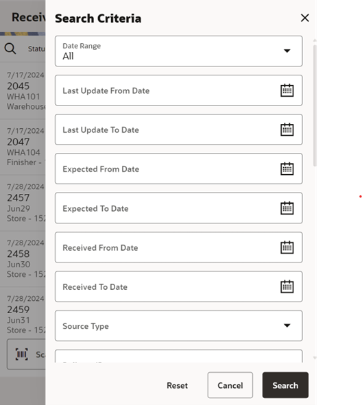 Search Criteria (Transfer Receiving) Screen Search Criteria (Transfer Receiving) Screen