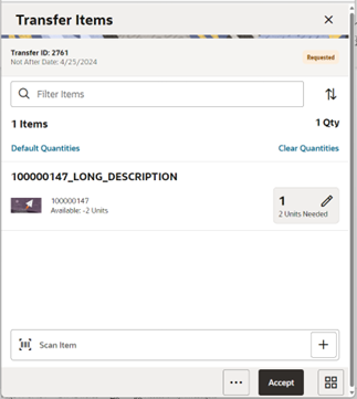 Transfer Items Screen Transfer Items Screen