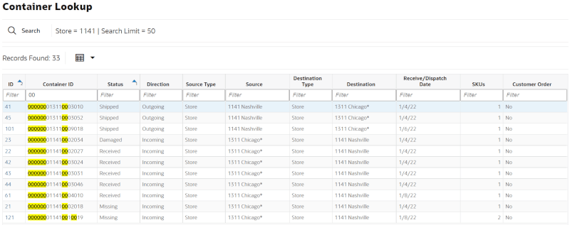 Container Lookup Screen