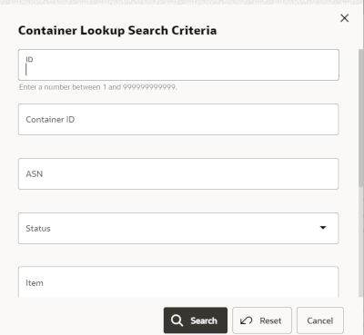 Container Lookup Search Criteria