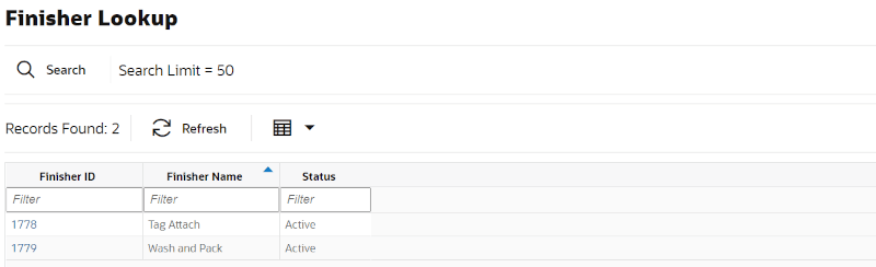 Finisher Lookup Screen