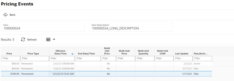 Pricing Events Screen