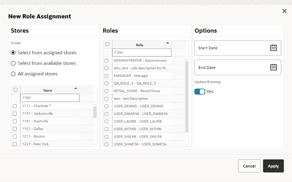 User Detail (Roles-New Role Assignment) Screen