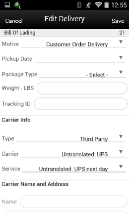 Edit Delivery Screen