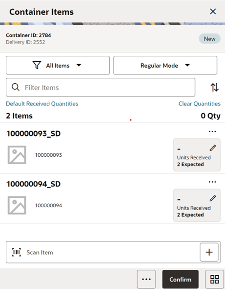 Container Items Screen