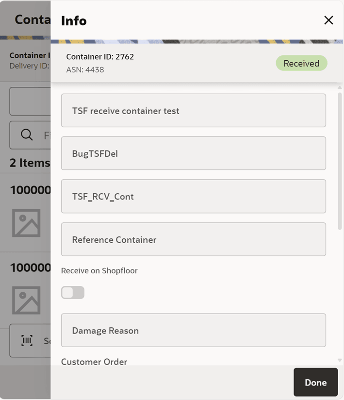 Container Lookup Info Screen (Transfer Receiving)