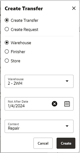Create Transfer Popup