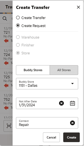 Create Transfer(Request) Drawer
