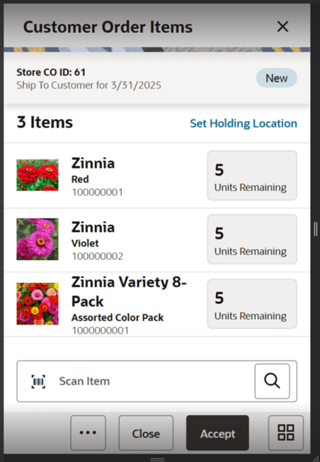 Customer Order Items Screen