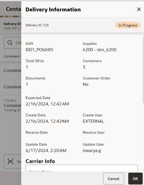 Delivery Info Screen Delivery Info Screen