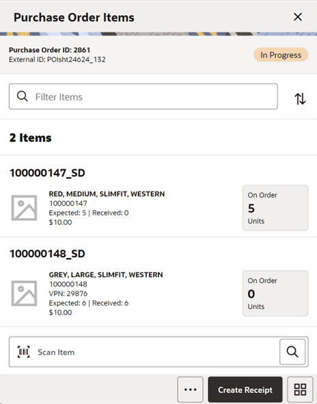 Purchase Order Items Screen Purchase Order Items Screen