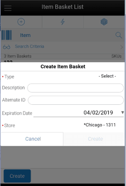 Create Item Basket Create Item Basket
