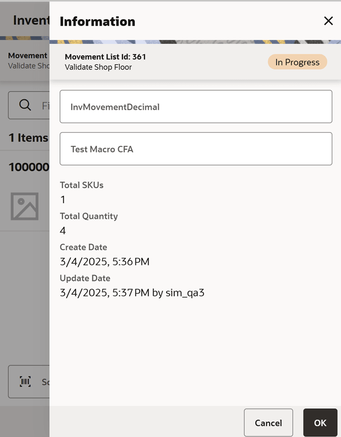 Inventory Movement Info Screen