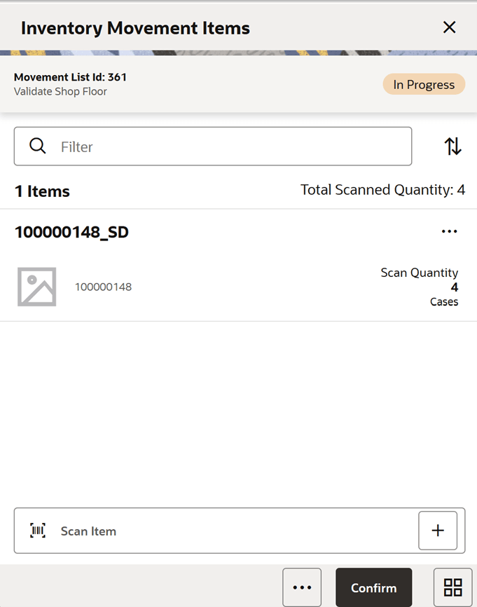Inventory Movement Items Screen