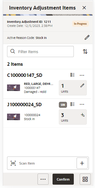 Inventory Adjustment Items Screen