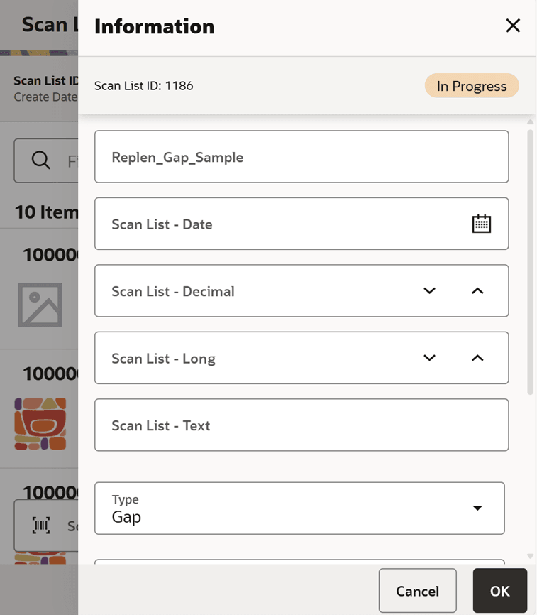 Scan List Items Info screen
