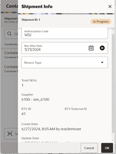 Shipment Info Screen