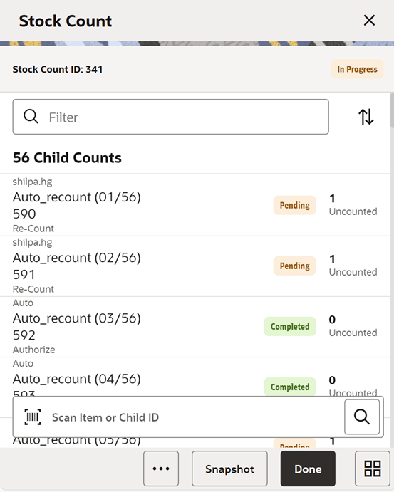 Stock Count (Child Count List) Screen