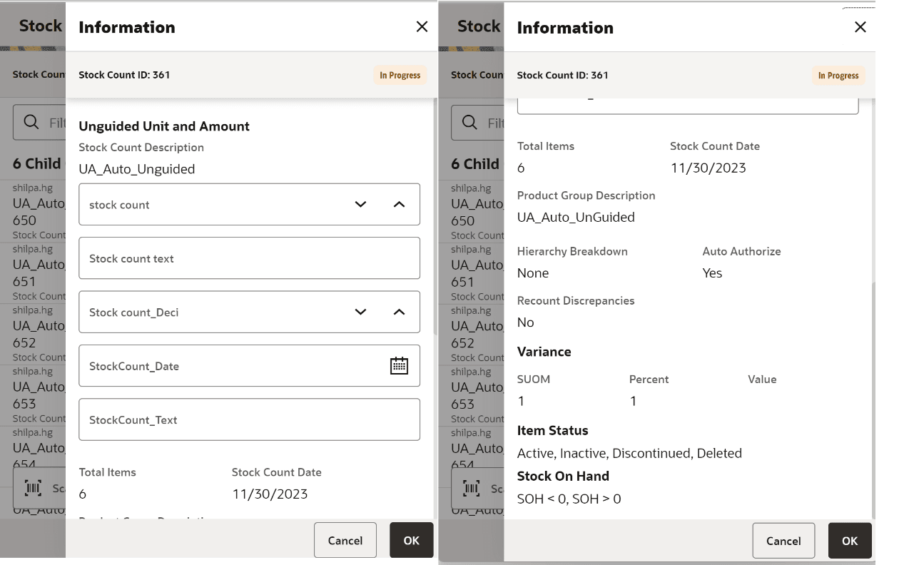 Stock Count Information Screen