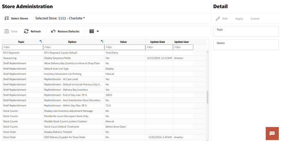 Store Administration Screen
