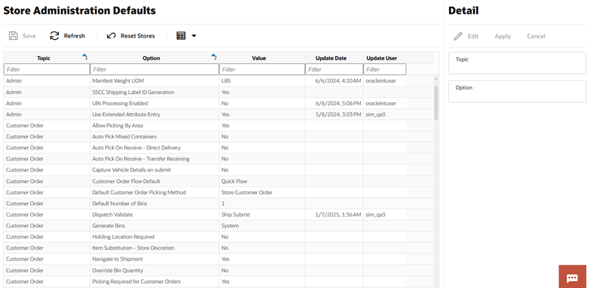 Store Administration Defaults Screen