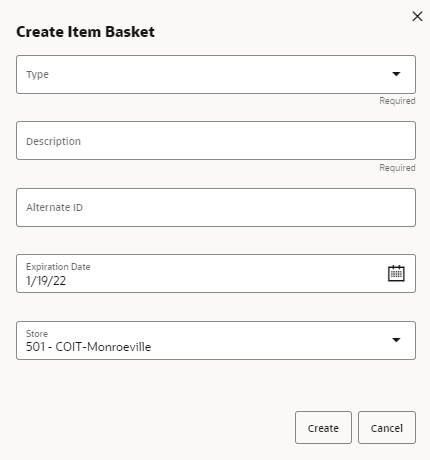 Create Item Basket Popup