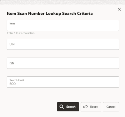 Item Scan Number Lookup Search Criteria