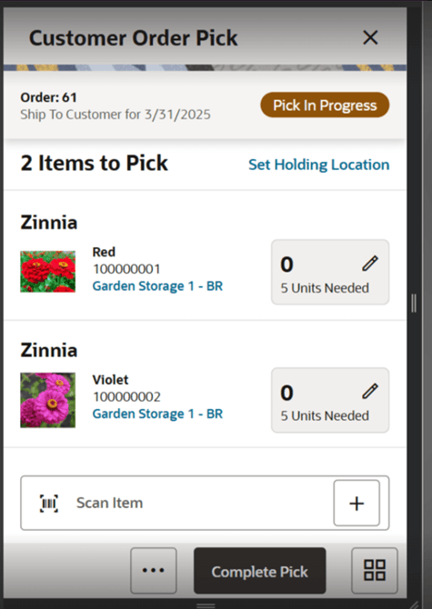 Customer Order Pick Screen