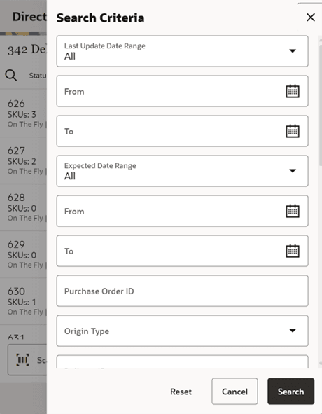 Direct Deliveries Search Criteria Screen