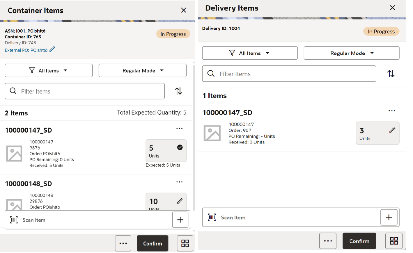 Container/Delivery Items Screen