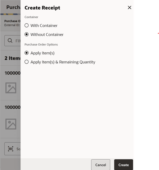 Create Receipt — Purchase Order Items Screen