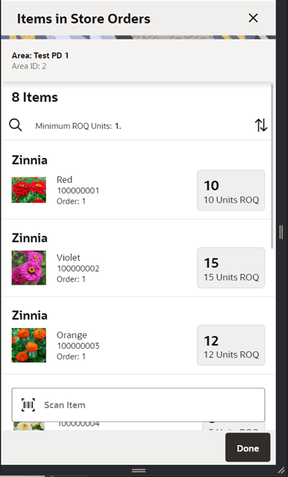 Items in Store Orders Screen Items in Store Orders Screen