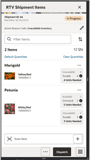 RTV Shipment Items Screen