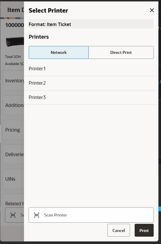 Select Printer Screen