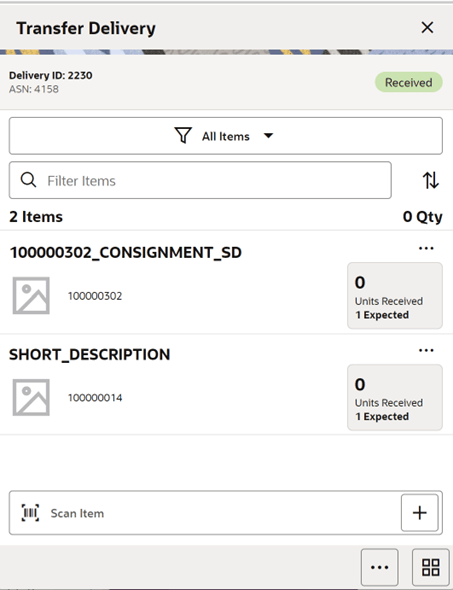 Transfer Delivery Items Screen