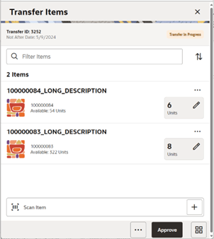 Transfer Items Screen