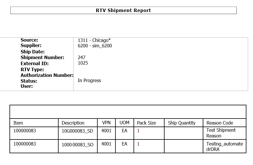 Vendor Shipment Report (without Containers)